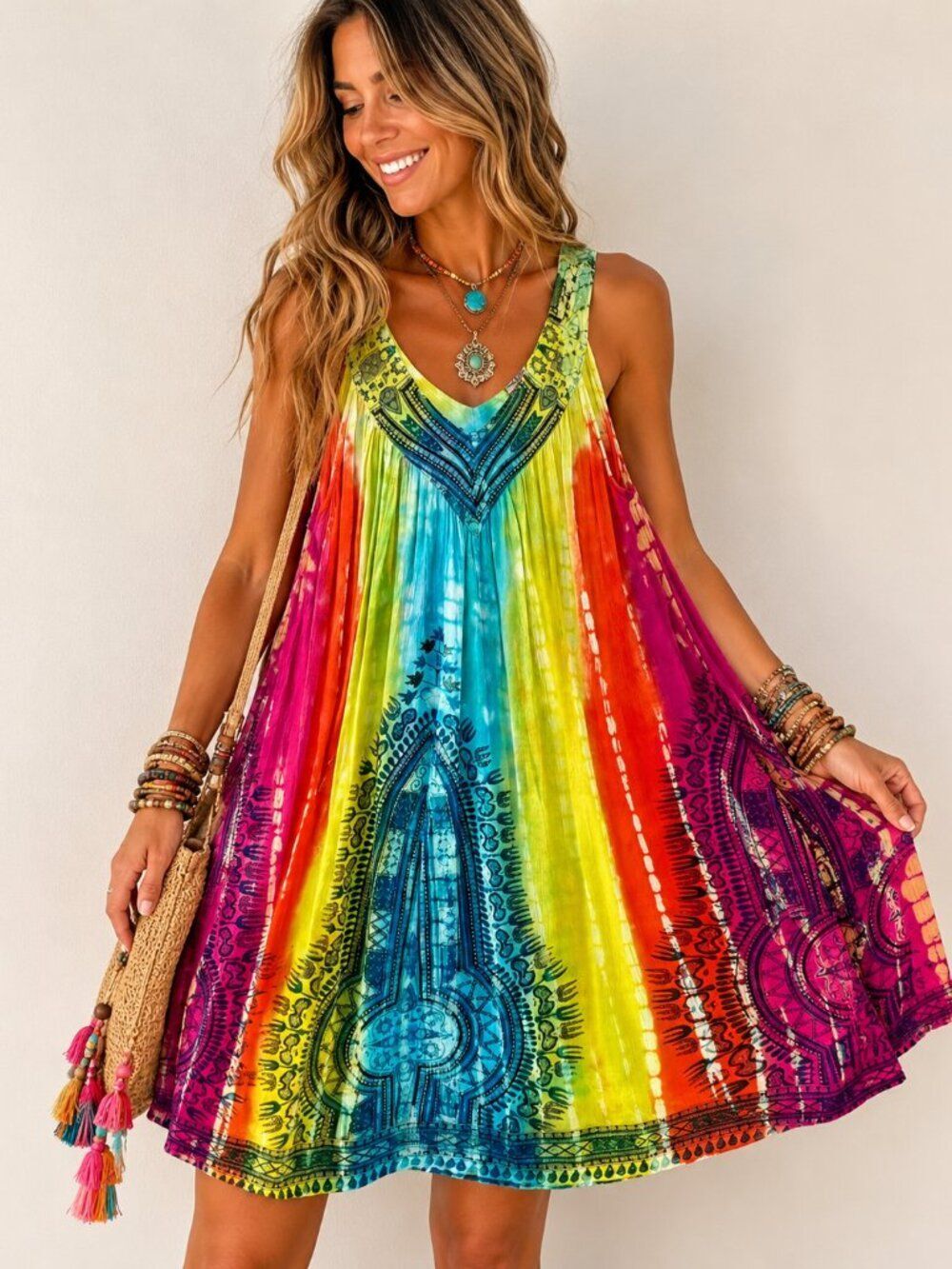 RR Hawaii Resort Tie Dye Rayon Beach Cover Up M Boho Vacation Tunic Dress